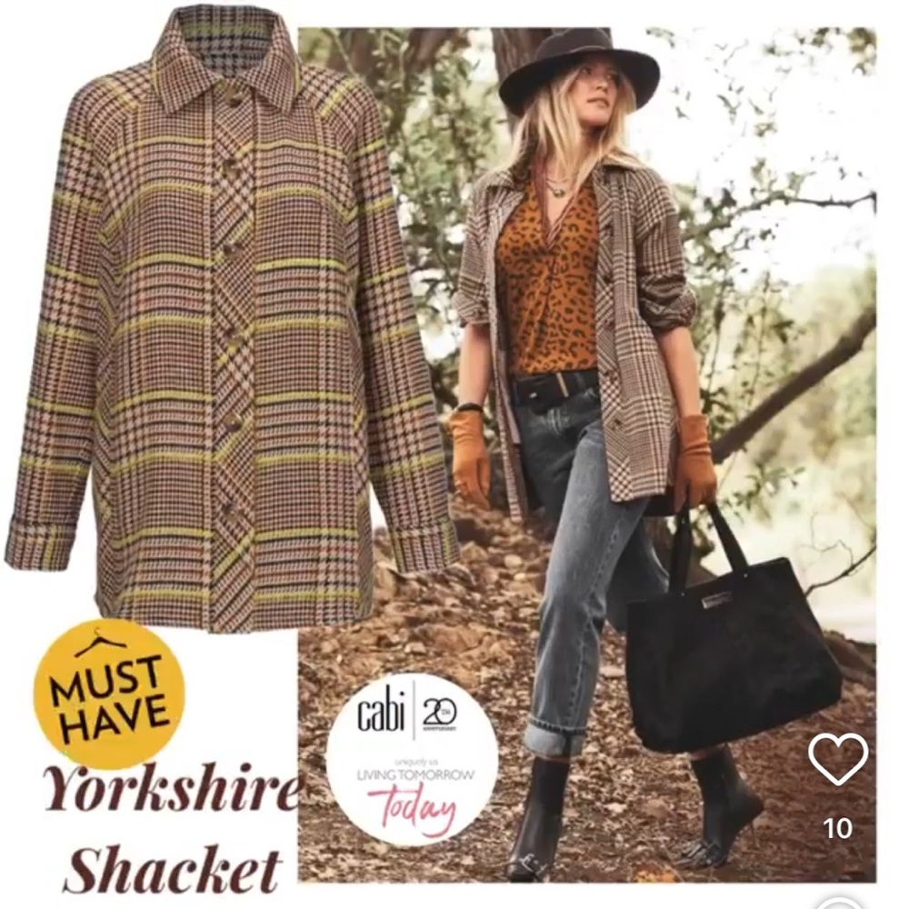 CAbi Plaid Shacket in Brown and Yellow